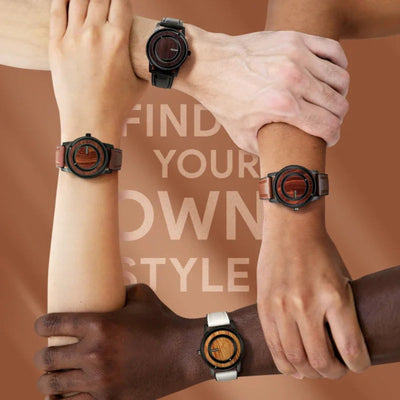 Three wrists wearing wooden watches with a brown background and text.