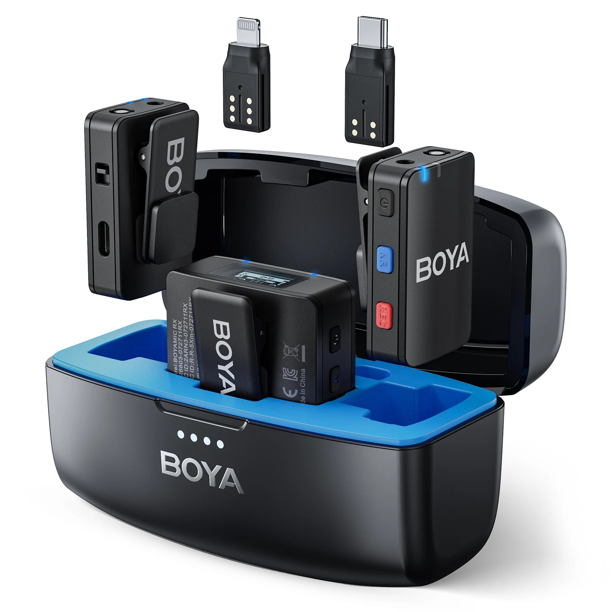 Boya wireless microphone system with receiver, transmitter, and charging station on a white background