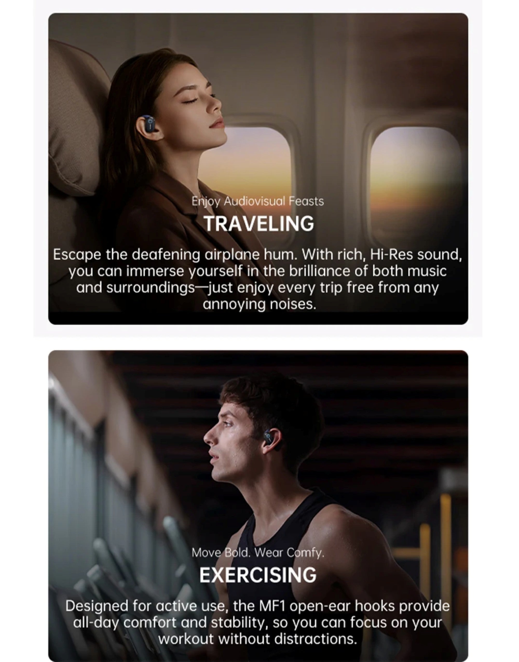 Two images of people wearing earbuds with text describing their use for traveling and exercising.