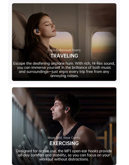 Two images of people wearing earbuds with text describing their use for traveling and exercising.
