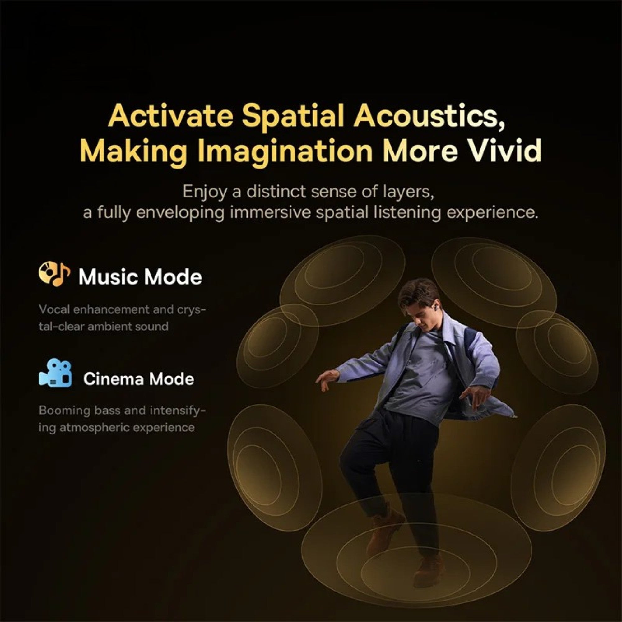 Person dancing with audio waveforms and text about spatial acoustics on a dark background