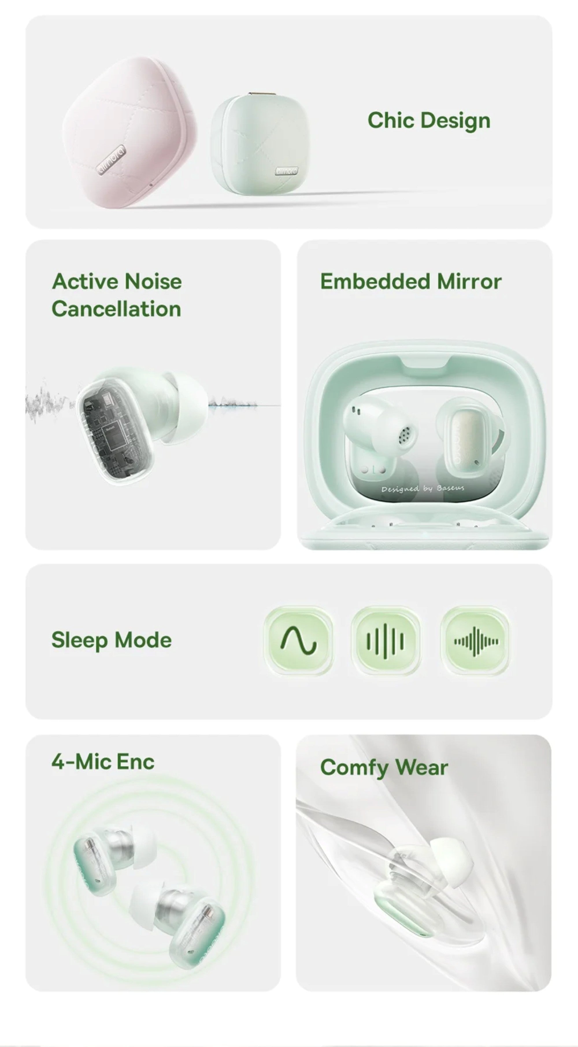 Earpod with features listed on a white background