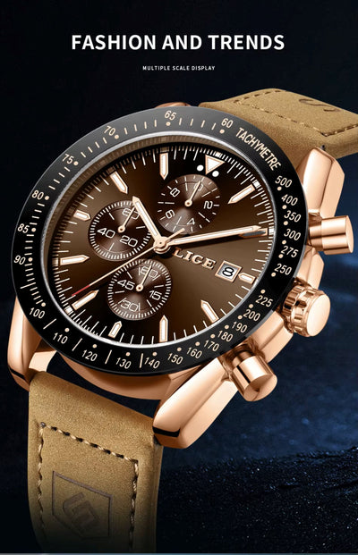 Luxury watch with brown leather strap and rose gold accents on a dark background