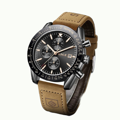 Watch with brown leather strap and black dial on a white background