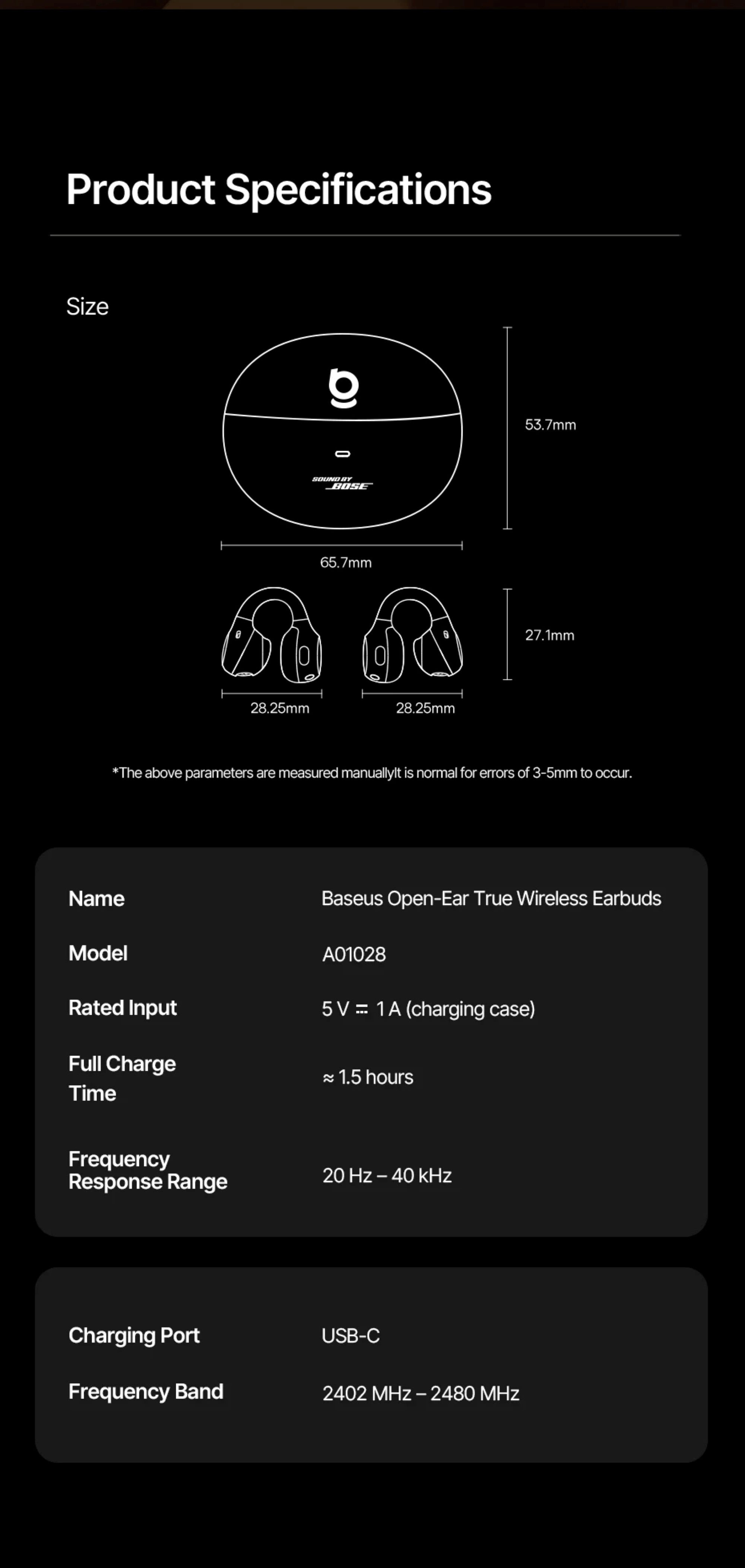Product specifications of Boses True Wireless Earbuds on a black background