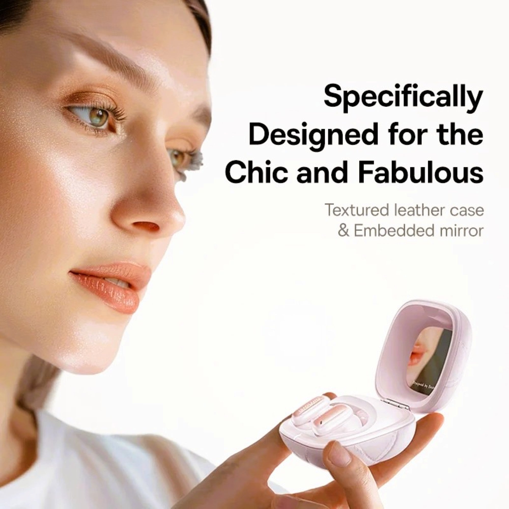 Woman holding a textured leather case with an embedded mirror, labeled 'Specifically Designed for the Chic and Fabulous'.