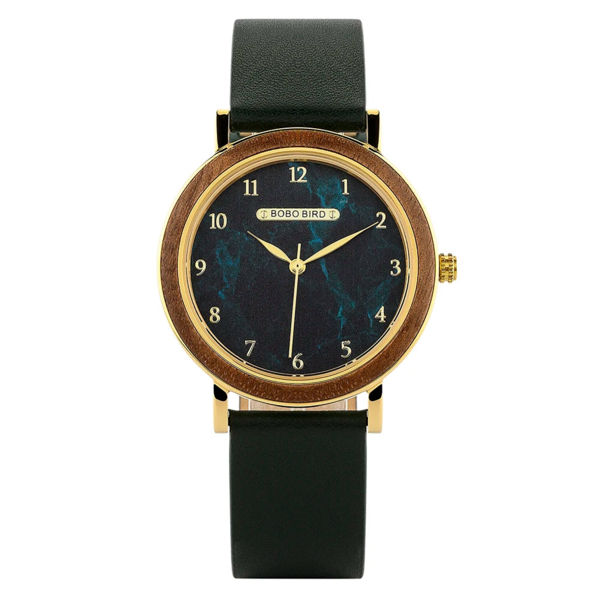 Wristwatch with black leather strap and gold case on a white background