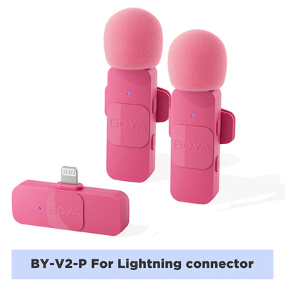 Pink microphone set with BOYA branding on a white background