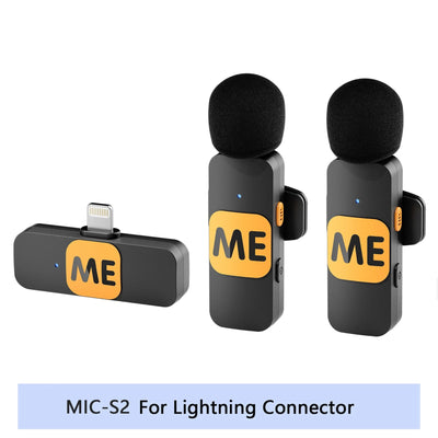 Two microphones with 'ME' label and lightning connector on a white background