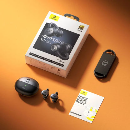 Hanspire XCI wireless earbuds with packaging, case, and quick start guide on an orange background