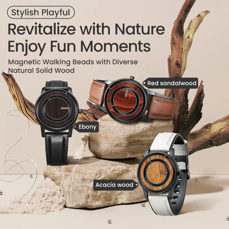 Three wooden walking beads with different wood types on a natural background