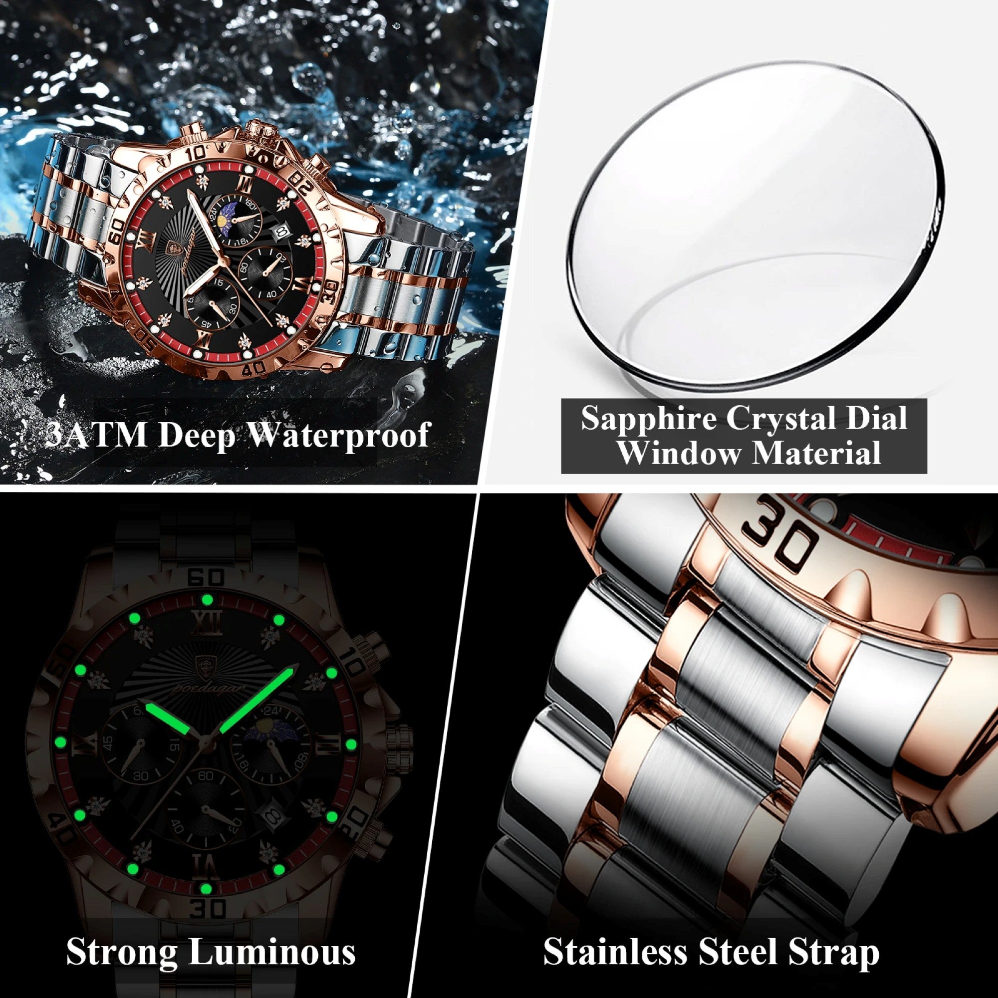 Collage of a watch with features highlighted, including waterproof, sapphire crystal, strong luminous, and stainless steel strap.