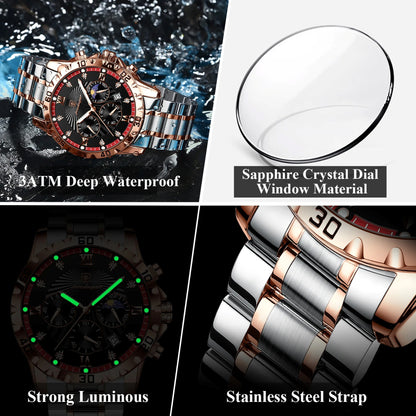 Collage of a watch with features highlighted, including waterproof, sapphire crystal, strong luminous, and stainless steel strap.