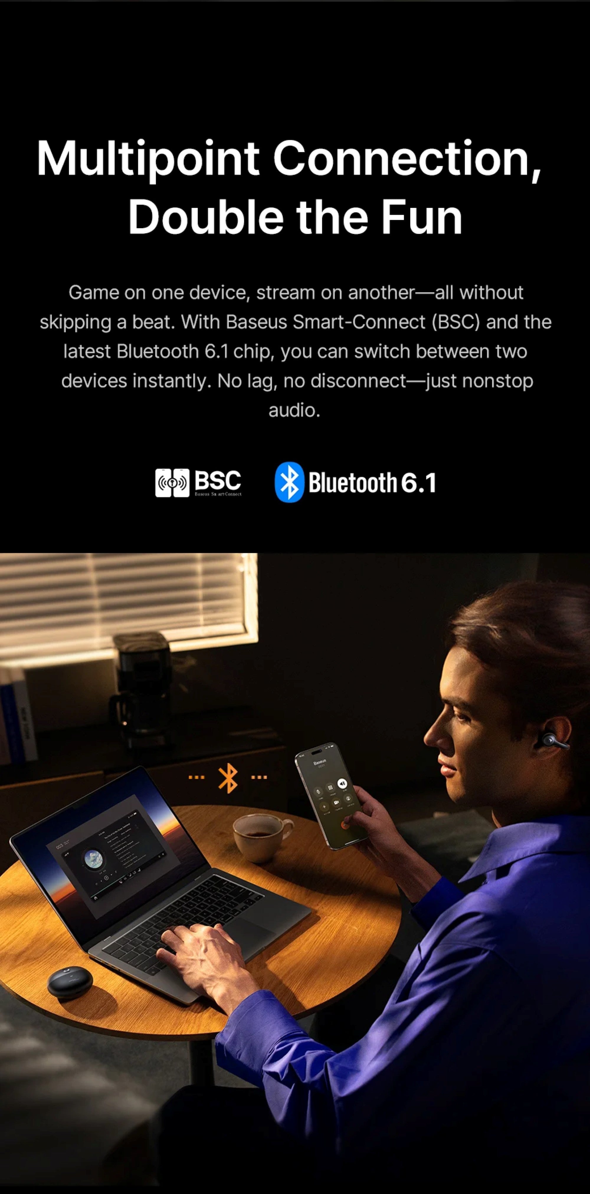 Person using a laptop and smartphone with text about multipoint connection and audio technology.