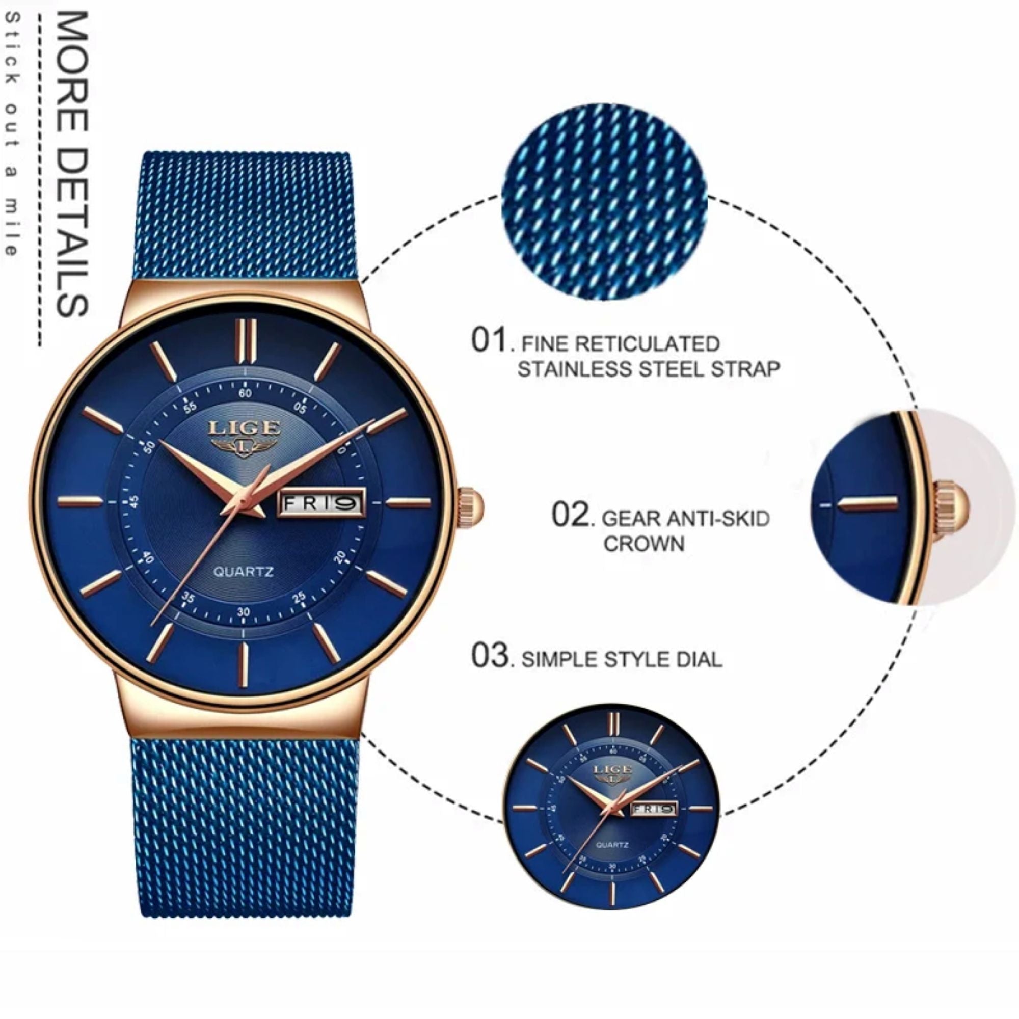 Blue watch with gold accents and detailed features on a white background