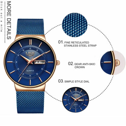 Blue watch with gold accents and detailed features on a white background