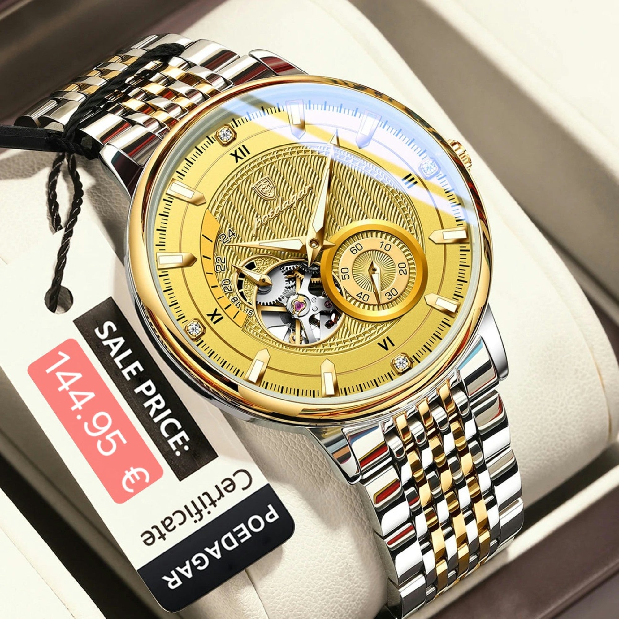 Luxury watch with gold and silver design on a white cushion, accompanied by a sale price tag.