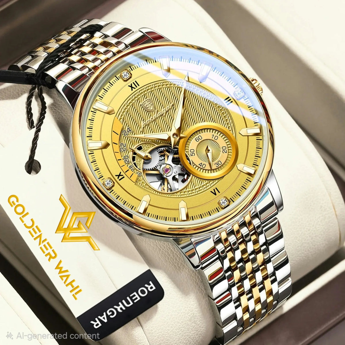 A luxury men's skeleton watch by Goldener Wahl, featuring a two-tone silver and gold stainless steel link bracelet, a gold-tone dial with Roman numerals, and a visible mechanical movement under a clear crystal, presented in a cream-colored box.