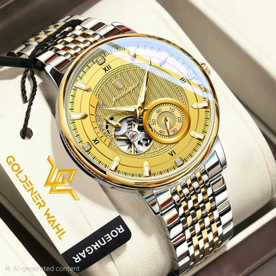 A luxury men's skeleton watch by Goldener Wahl, featuring a two-tone silver and gold stainless steel link bracelet, a gold-tone dial with Roman numerals, and a visible mechanical movement under a clear crystal, presented in a cream-colored box.