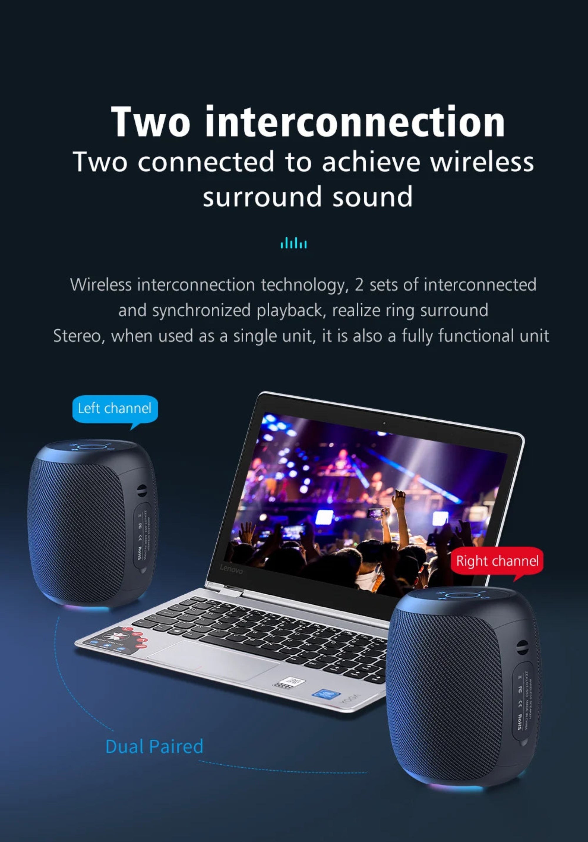 Two wireless speakers connected to a laptop displaying a concert image on a dark blue background.