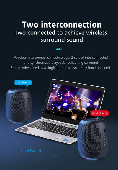 Two wireless speakers connected to a laptop displaying a concert image on a dark blue background.