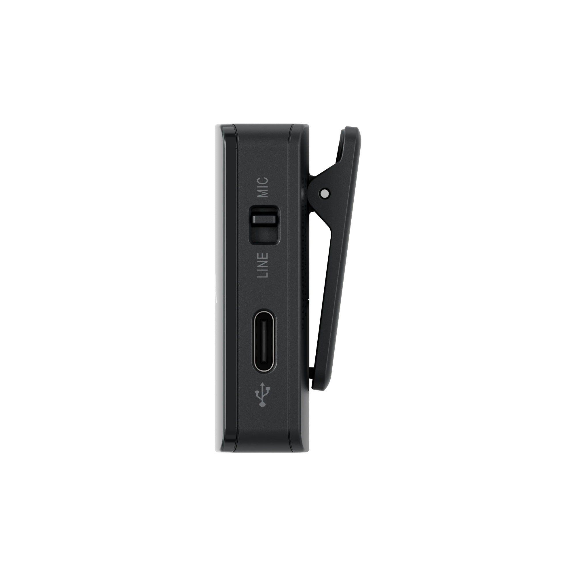 Black clip-on device with microphone and line input on a white background