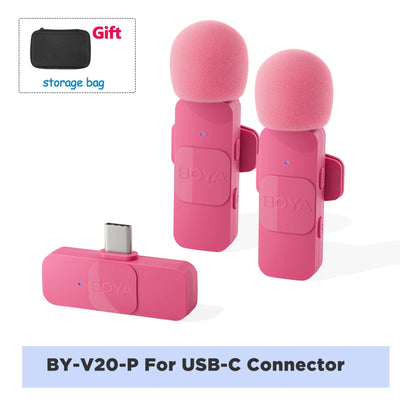 Pink USB-C connector and two microphones with BOYA branding on a white background.