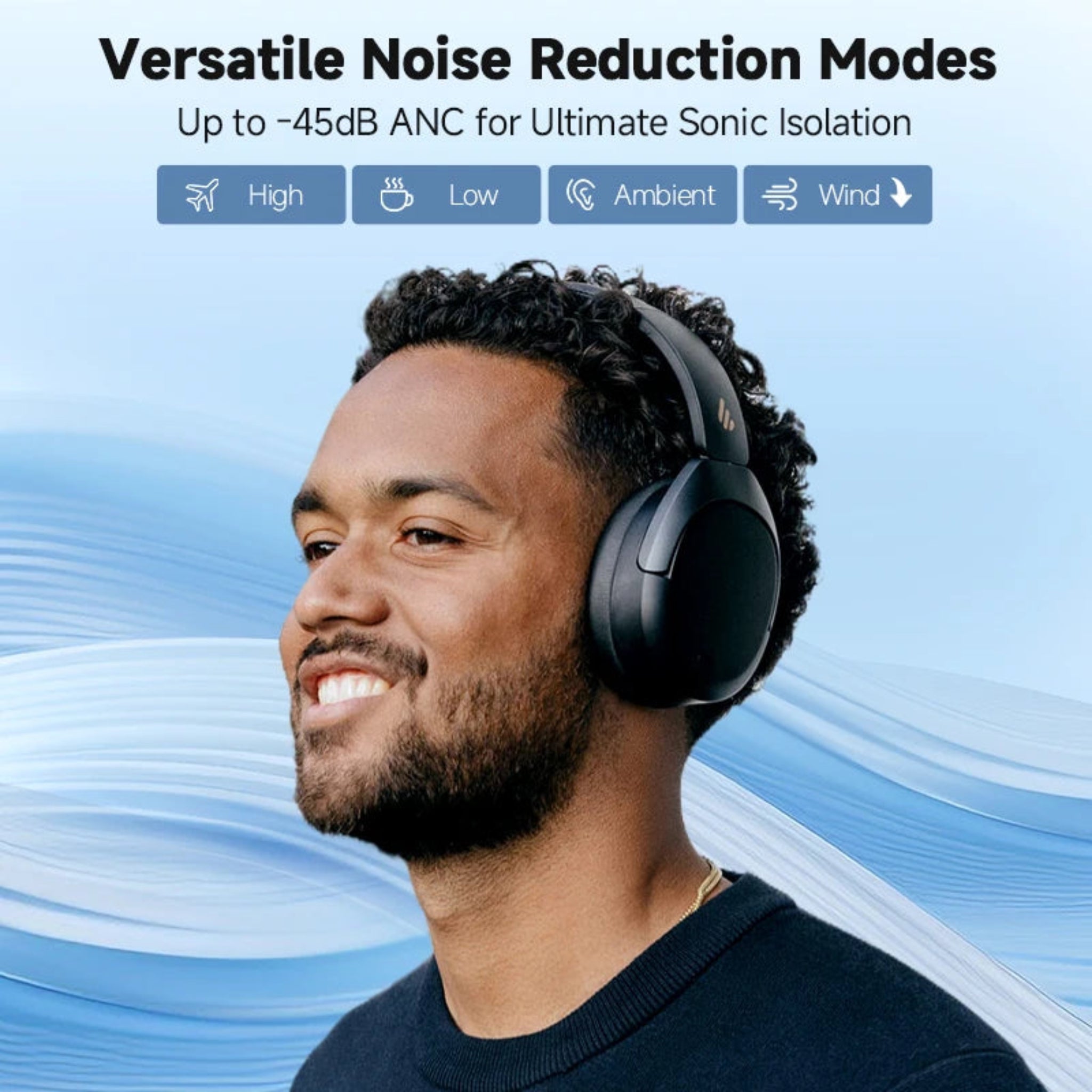 Man wearing headphones with noise reduction modes displayed on a blue background