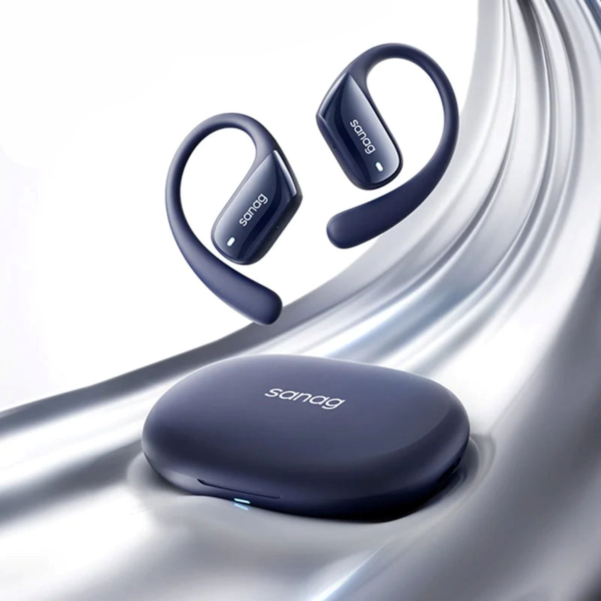 Blue wireless earbuds with charging case on a white background, featuring the Sanag brand.