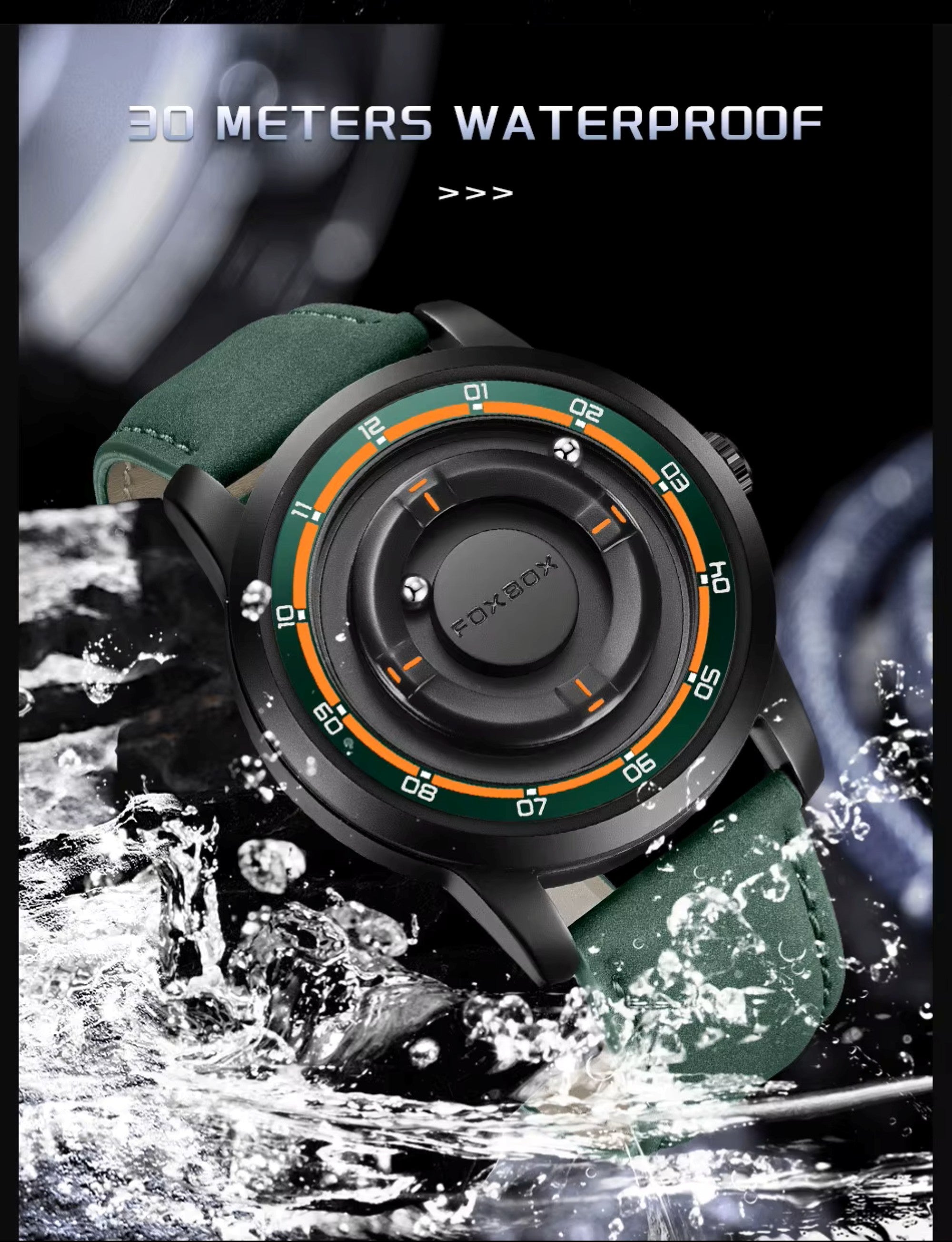 Watch with green strap and black dial splashing in water, indicating waterproof feature.