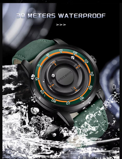 Watch with green strap and black dial splashing in water, indicating waterproof feature.