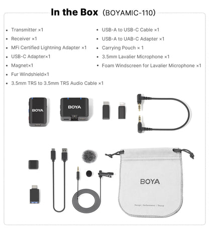 BOYA wireless microphone system with accessories listed and displayed.