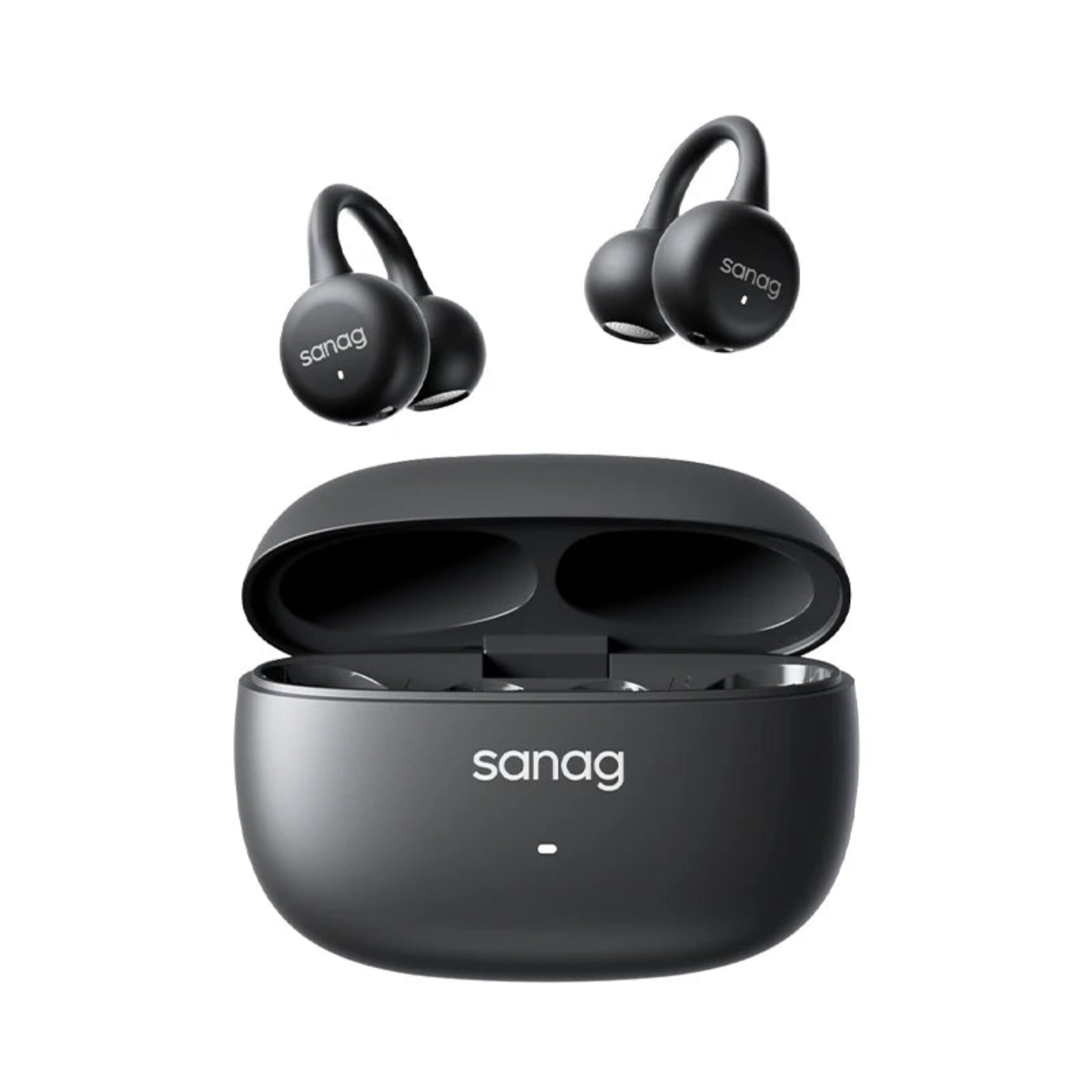 Black wireless earbuds with charging case on a white background, featuring the brand 'sanag'.