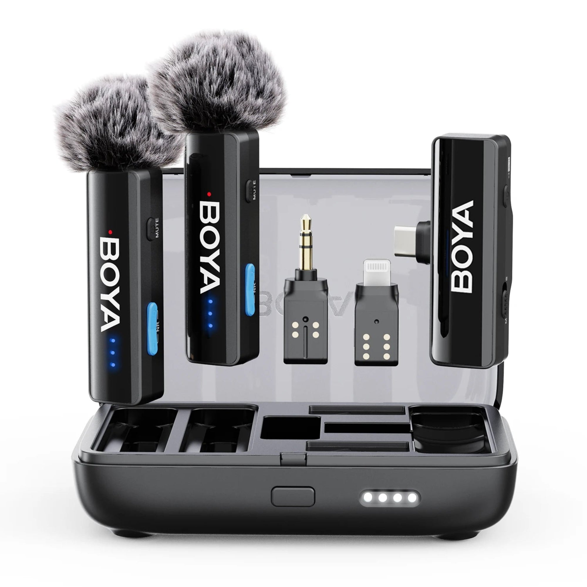 BOYA wireless microphone system with two microphones, transmitter, receiver, and charging station on a white background.