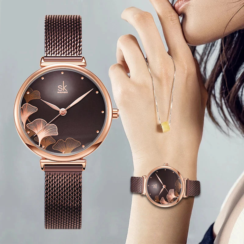 Shengke Women's Watch - Creative Brown Mesh Band.