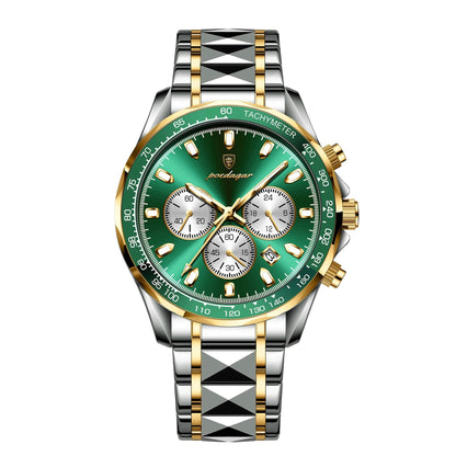Luxury watch with green dial and gold accents on a white background