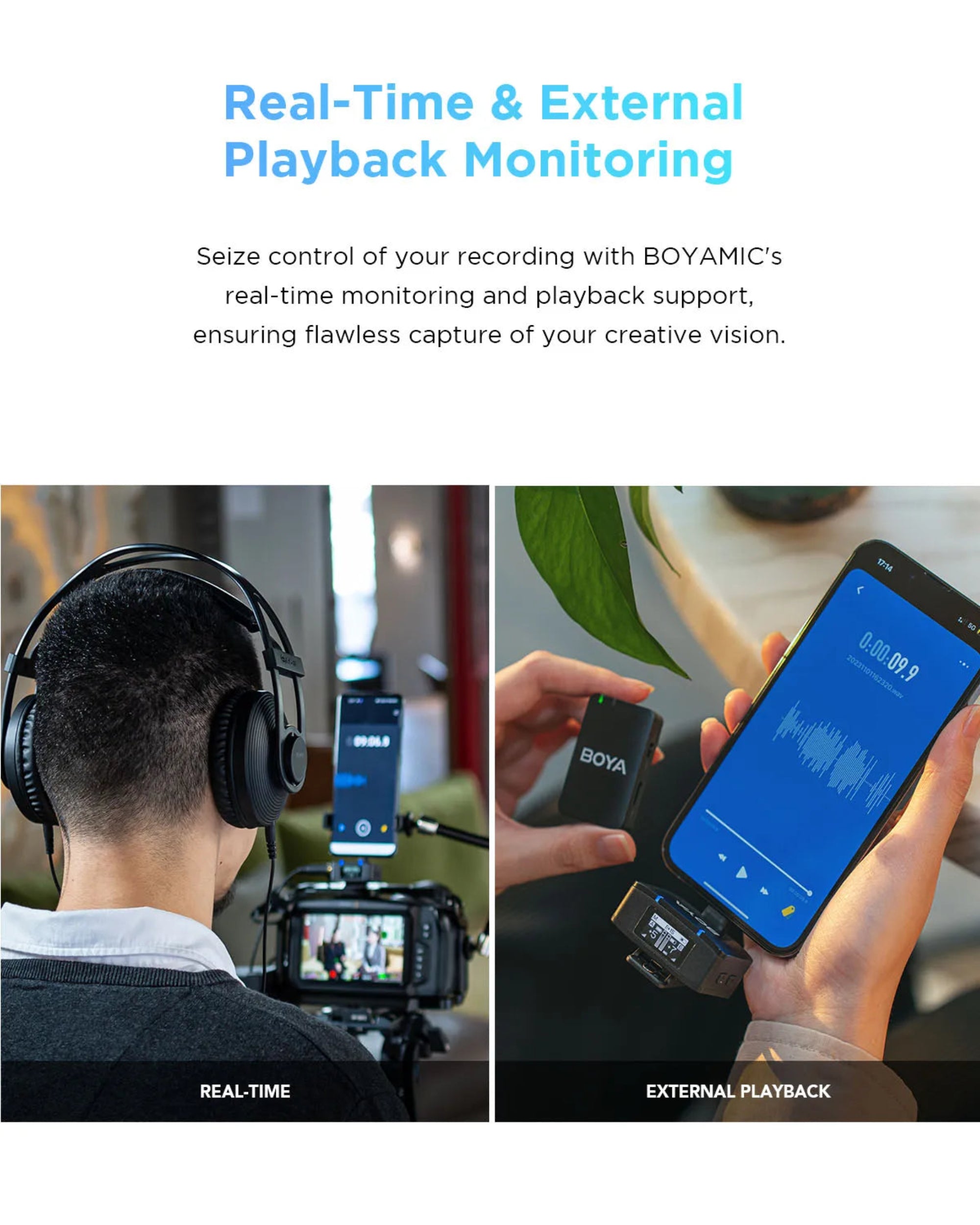 BOYAMIC real-time and external playback monitoring system with a person wearing headphones and using a smartphone.