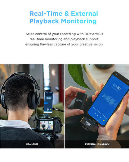 BOYAMIC real-time and external playback monitoring system with a person wearing headphones and using a smartphone.