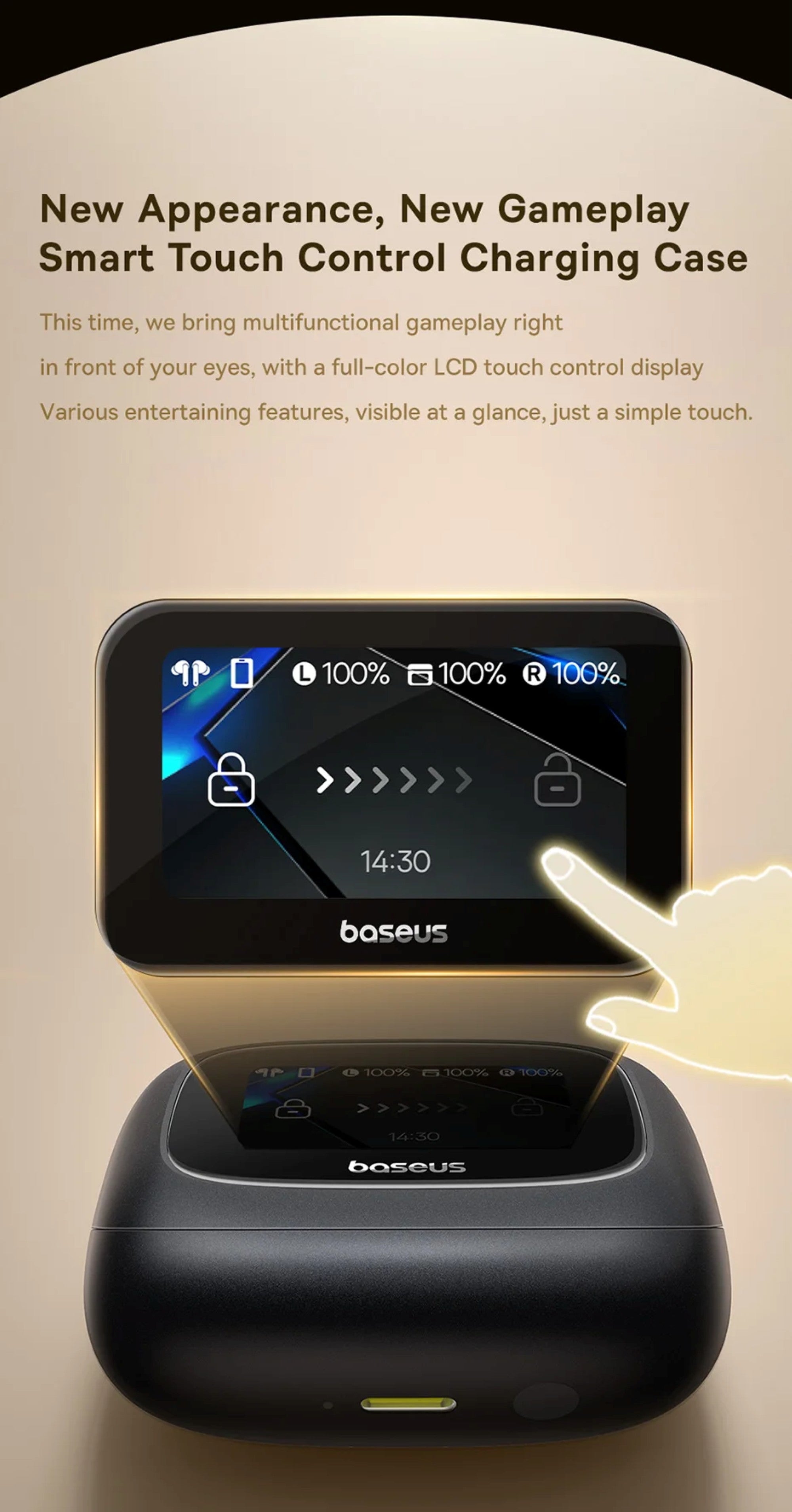 Smart touch control charging case with display and 'Bose' branding on a beige background