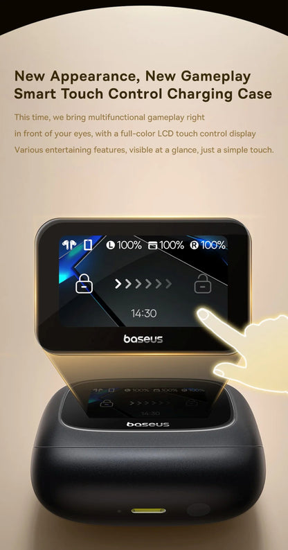 Smart touch control charging case with display and 'Bose' branding on a beige background