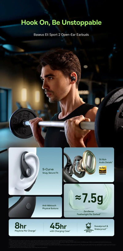 Man lifting weights with Baseus El Sport 2 open-ear earbuds, showing product features.