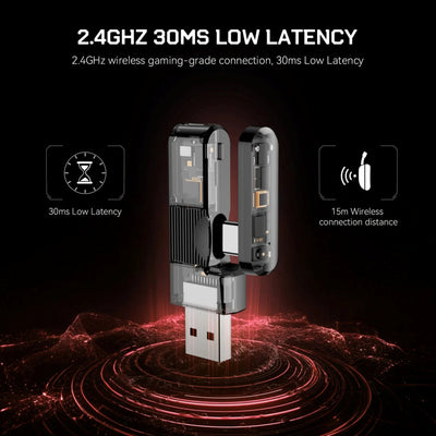 USB adapter with 2.4GHz wireless connection features on a dark background