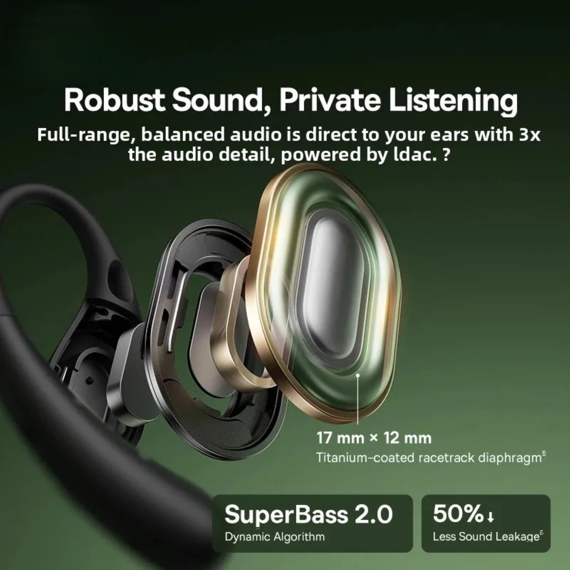 Close-up of a high-fidelity audio device with text highlighting features on a dark background