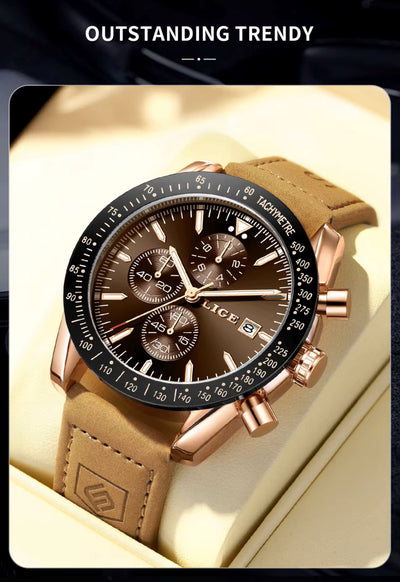 Luxury watch with brown leather strap and black dial on a beige background