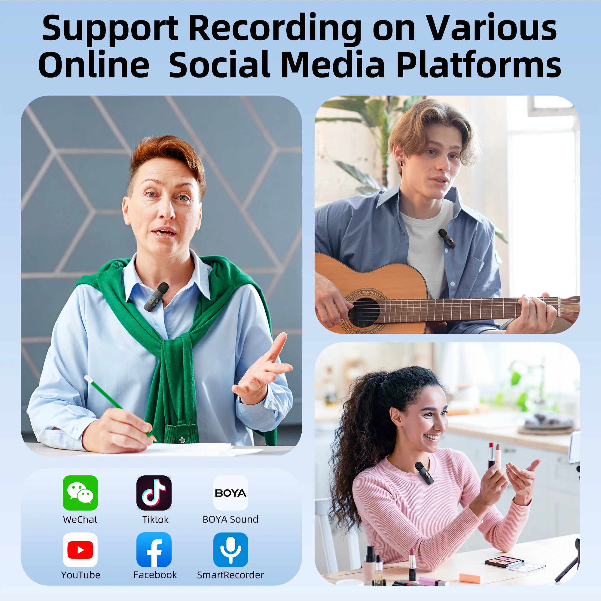 Three people recording on various online social media platforms with icons below.