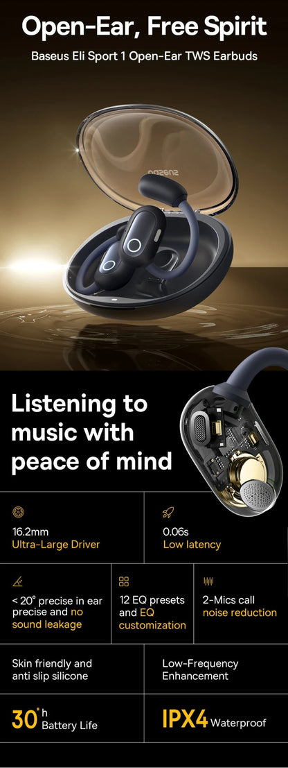 Baseus Elt Sport 1 Open-Ear TWS Earbuds with features highlighted on a dark background