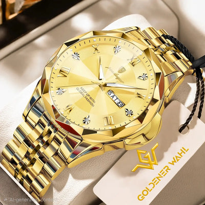 Gold-tone men's watch with a faceted bezel, gold dial, and matching metal bracelet, displayed on a watch cushion with a Goldener Wahl tag attached.