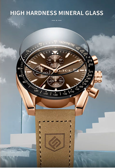 Luxury watch with brown leather strap and rose gold accents against a sky background