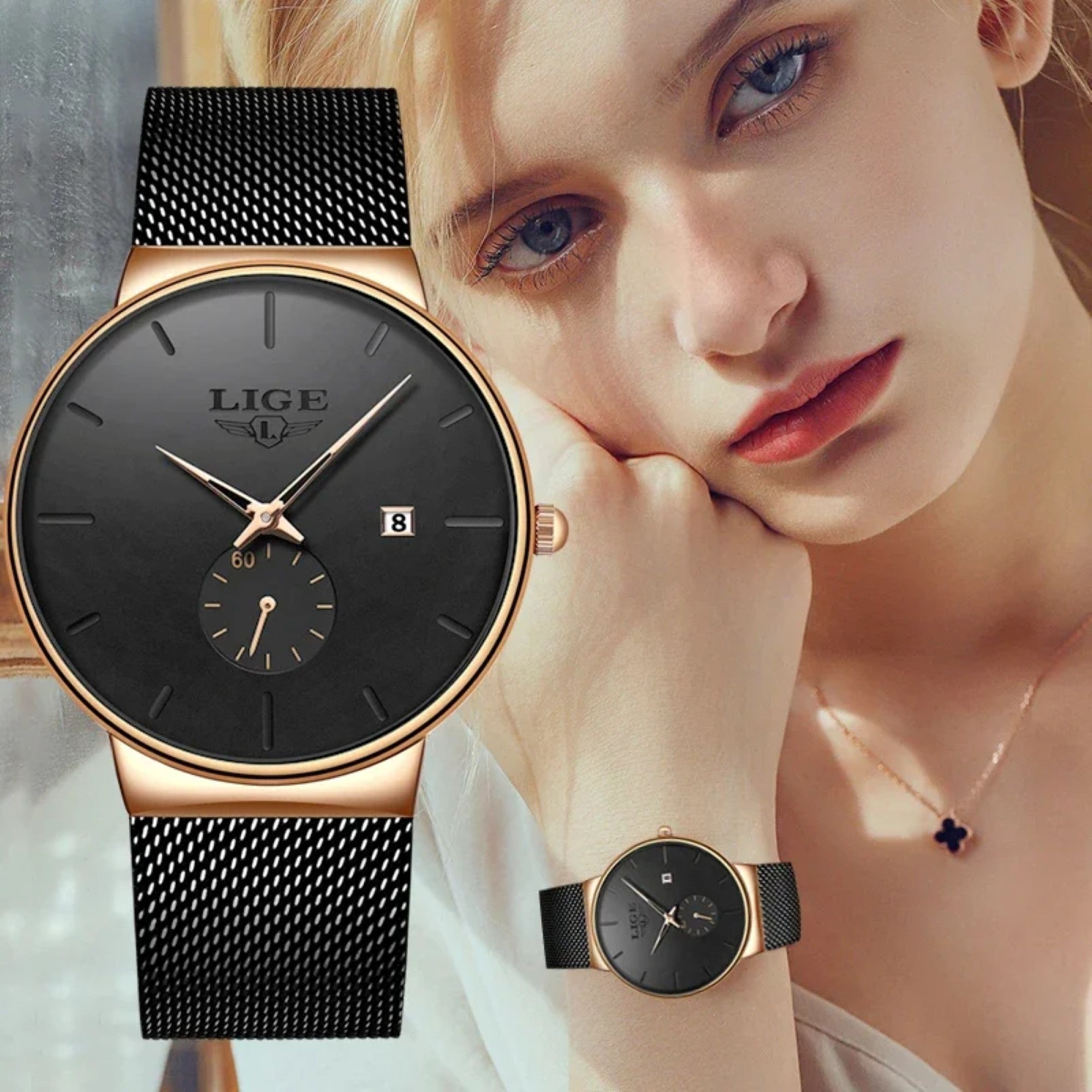 LIGE watch with black face and rose gold case on a blurred background
