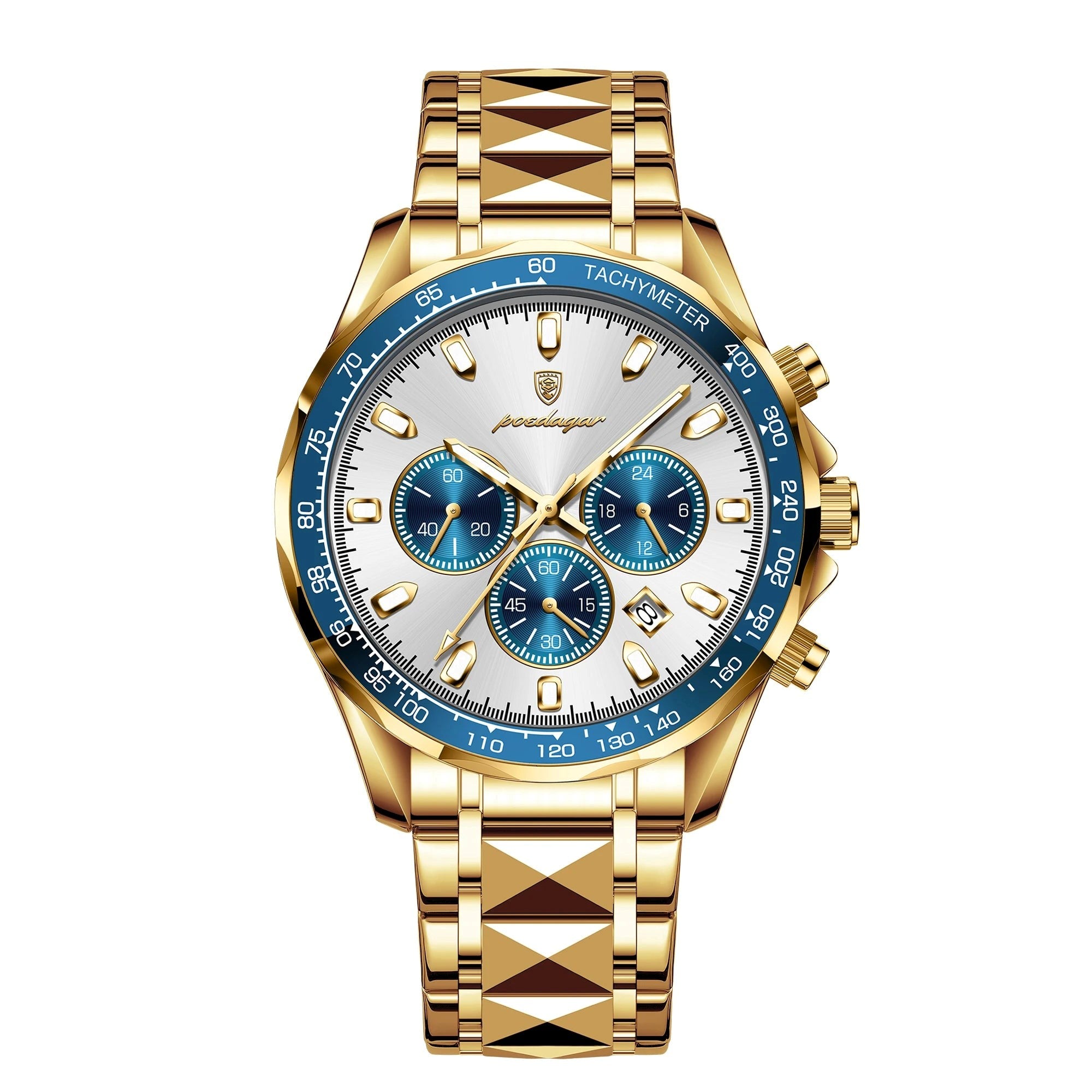 Gold wristwatch with blue accents on a white background